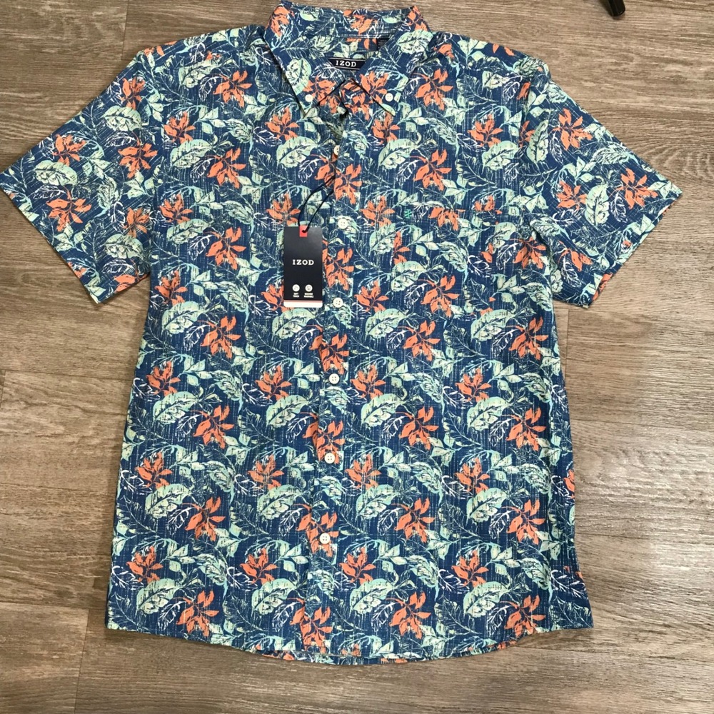 IZOD Mens Medium Tropical Floral Leaf Print Short Sleeve Button Down Shirt New